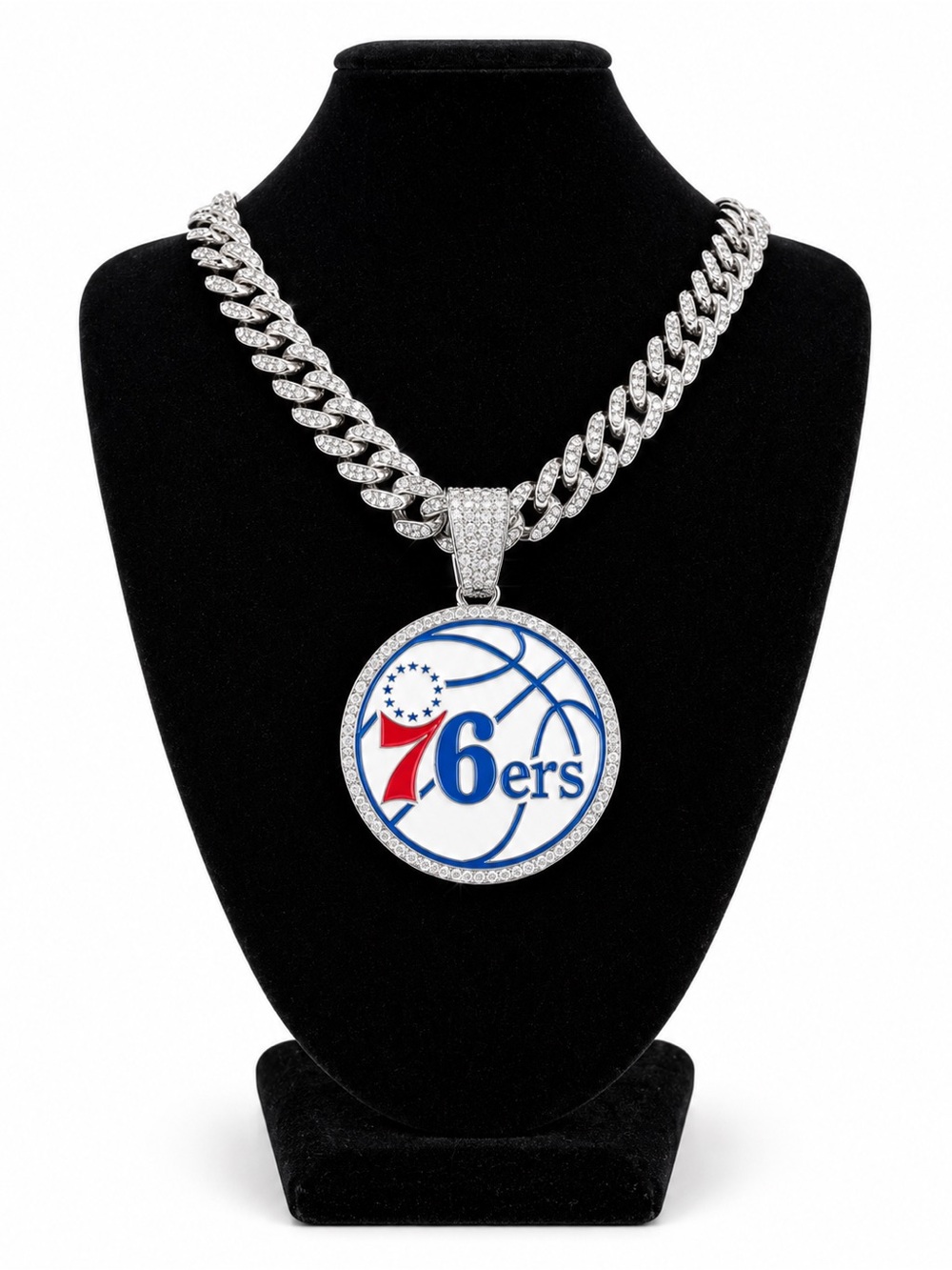 NBA Silver Chain Necklace with 76ers Pendant - Red, Blue, White